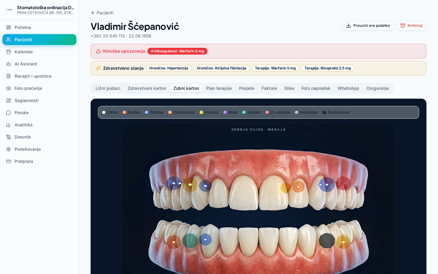 Zubni karton pacijenta u DentalNova aplikaciji