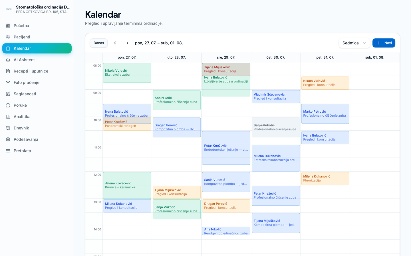 Sedmični kalendar termina u DentalNova aplikaciji